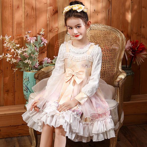 girl's dresses fashion baby girls spring summer long sleeved kawaii sweet lolita dress birthday party princess clothing kids clothes, Red;yellow